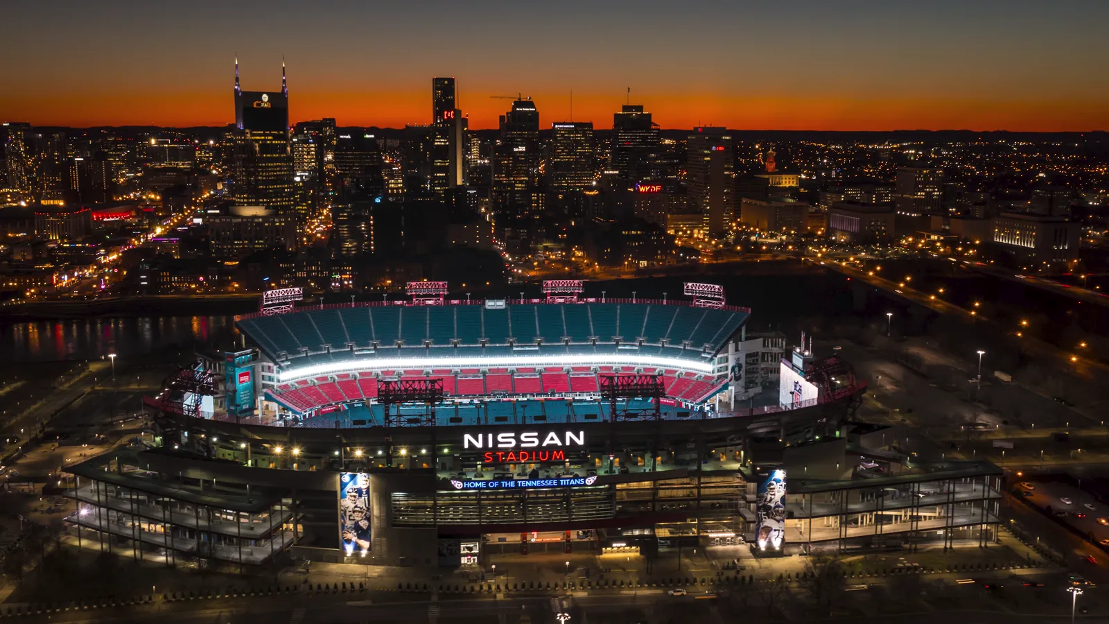 Aerial hyperlapse of downtown Nashville at dusk